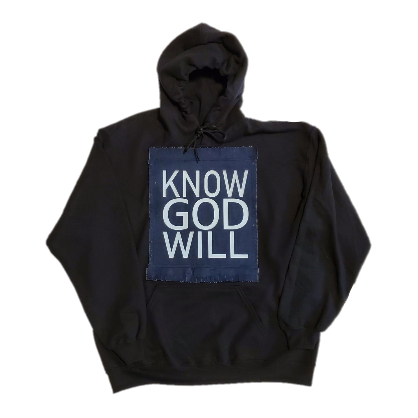 "KNOW GOD WILL." Denim Patch Hoodie