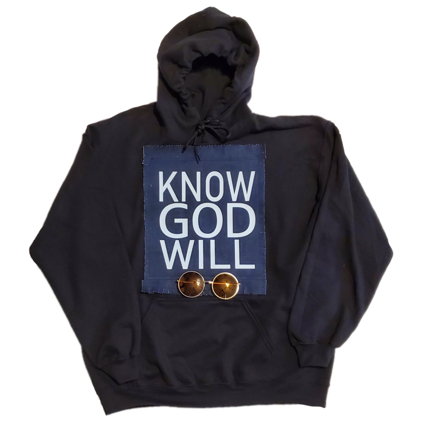 "KNOW GOD WILL." Denim Patch Hoodie